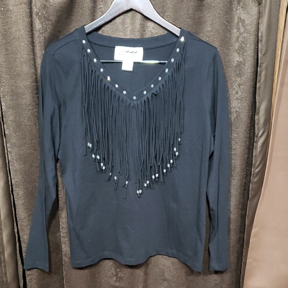 Back In The Saddle Western Chic Women's Black Fringe Long Sleeve Top
